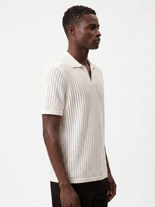 WHITE CROCHET-STYLE KNIT POLO S27