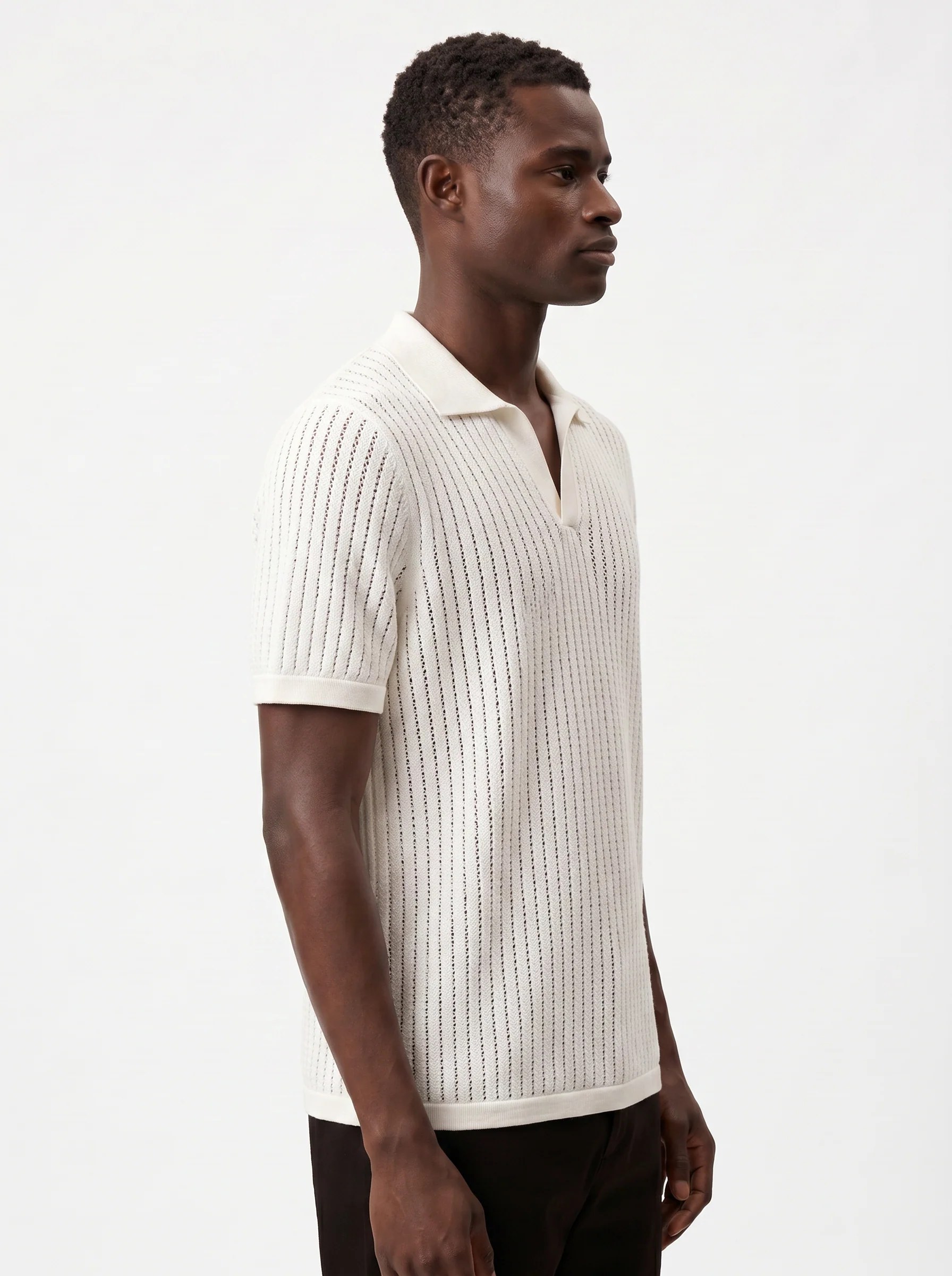 WHITE CROCHET-STYLE KNIT POLO S27