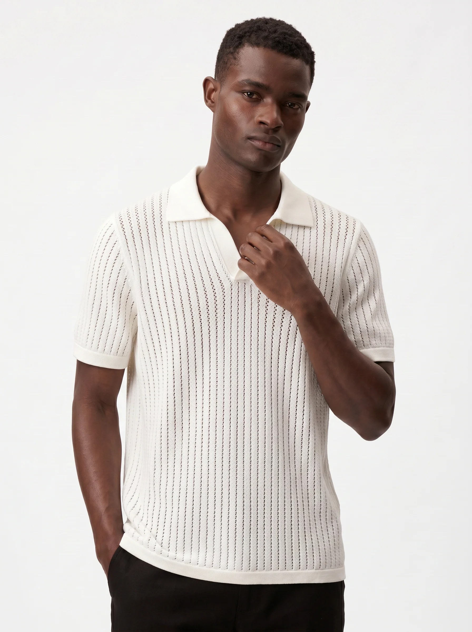WHITE CROCHET-STYLE KNIT POLO S27