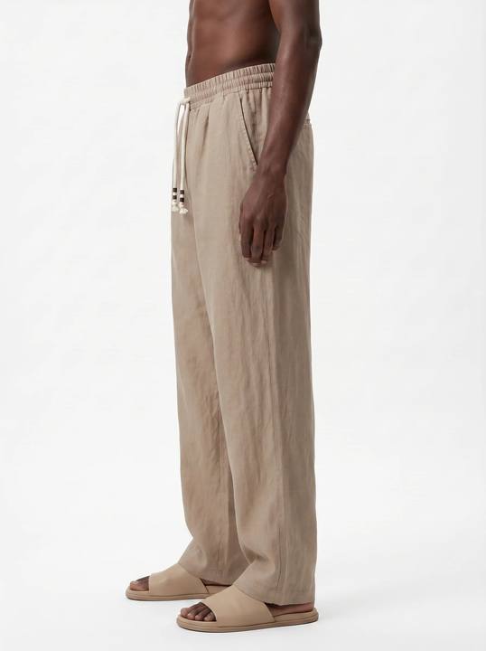BEIGE LINEN DRAWSTRING SRAIGHT-LEG PANTS S27N