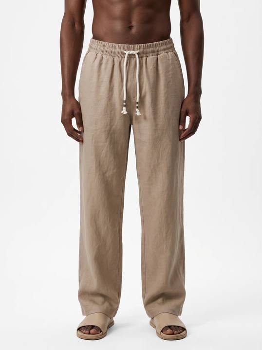 BEIGE LINEN DRAWSTRING SRAIGHT-LEG PANTS S27N