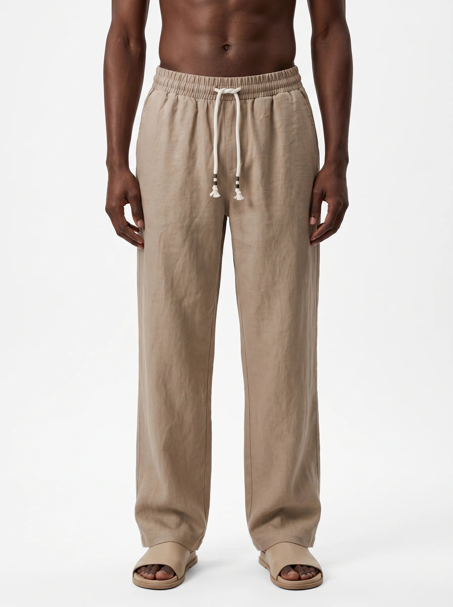 BEIGE LINEN DRAWSTRING SRAIGHT-LEG PANTS S27N
