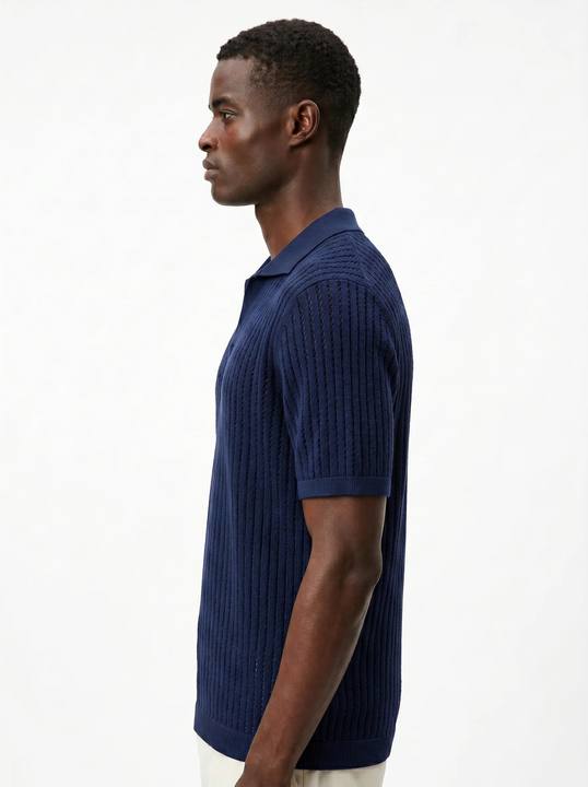 NAVY CROCHET-STYLE KNIT POLO S27