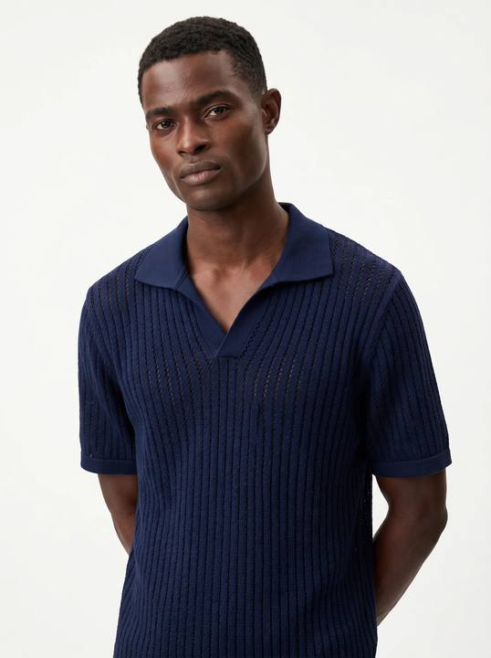 NAVY CROCHET-STYLE KNIT POLO S27