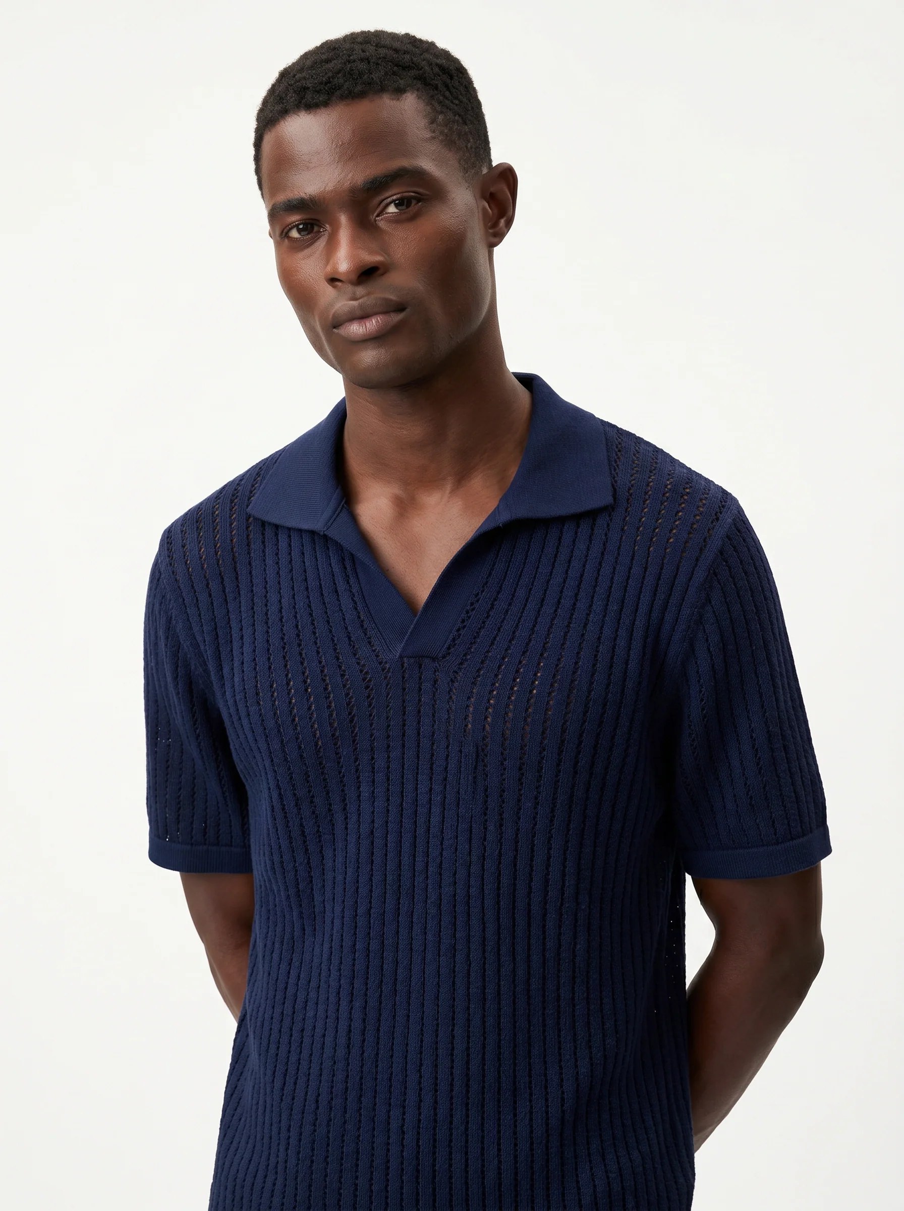 NAVY CROCHET-STYLE KNIT POLO S27