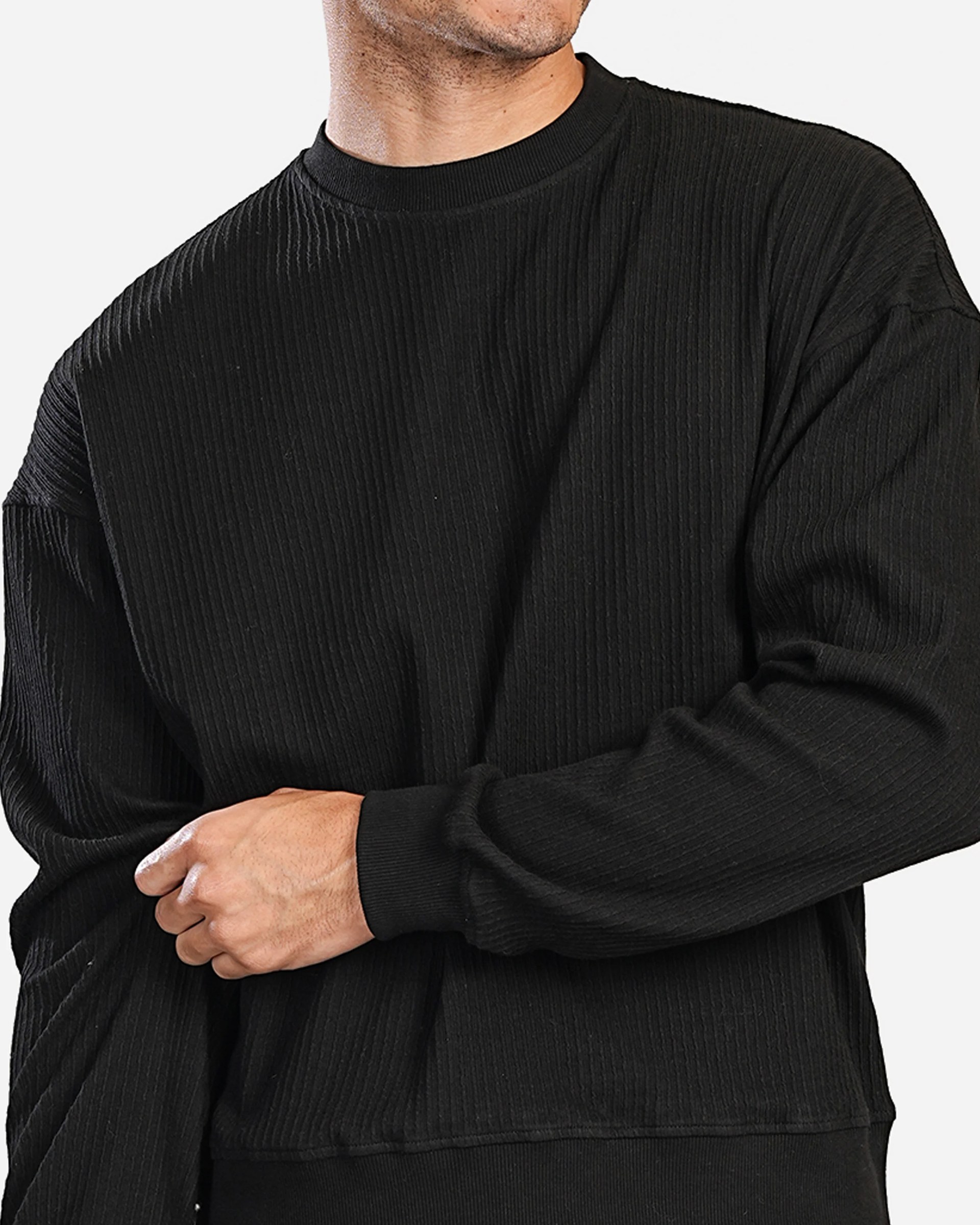 BLACK OVERSIZED RIBBED TEXTURE CREWNRCK SWEATSHIRT W26