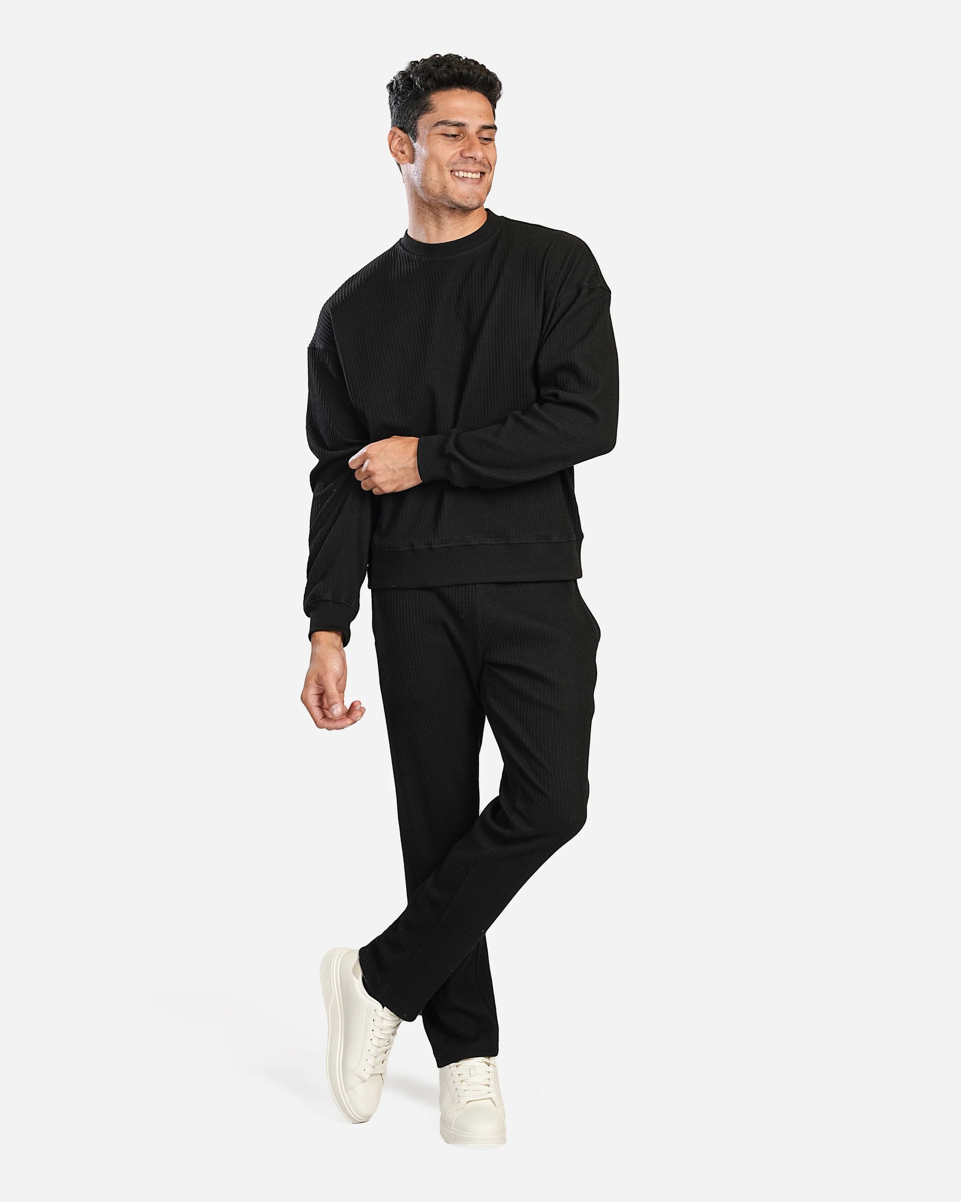 BLACK OVERSIZED RIBBED TEXTURE CREWNRCK SWEATSHIRT W26