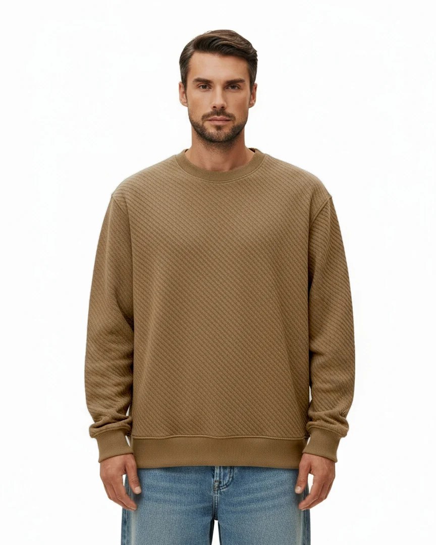 CAMEL BROWN OVERSIZED TEXTURED CREWNECK SWEATSHIRT W26