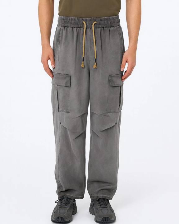GREY WASHED WIDE-LEG UNISEX CARGO DENIM W26
