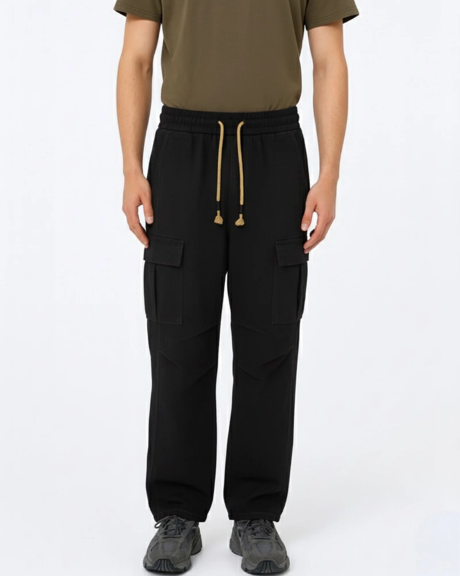 BLACK WASHED WIDE-LEG UNISEX CARGO DENIM W26