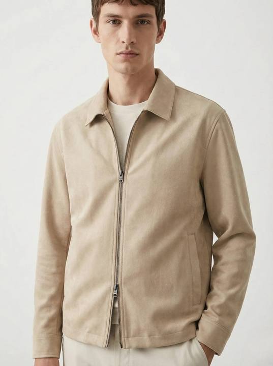 SAND BEIGE SUEDE-TOUCH ZIP OVERSHIRT W26