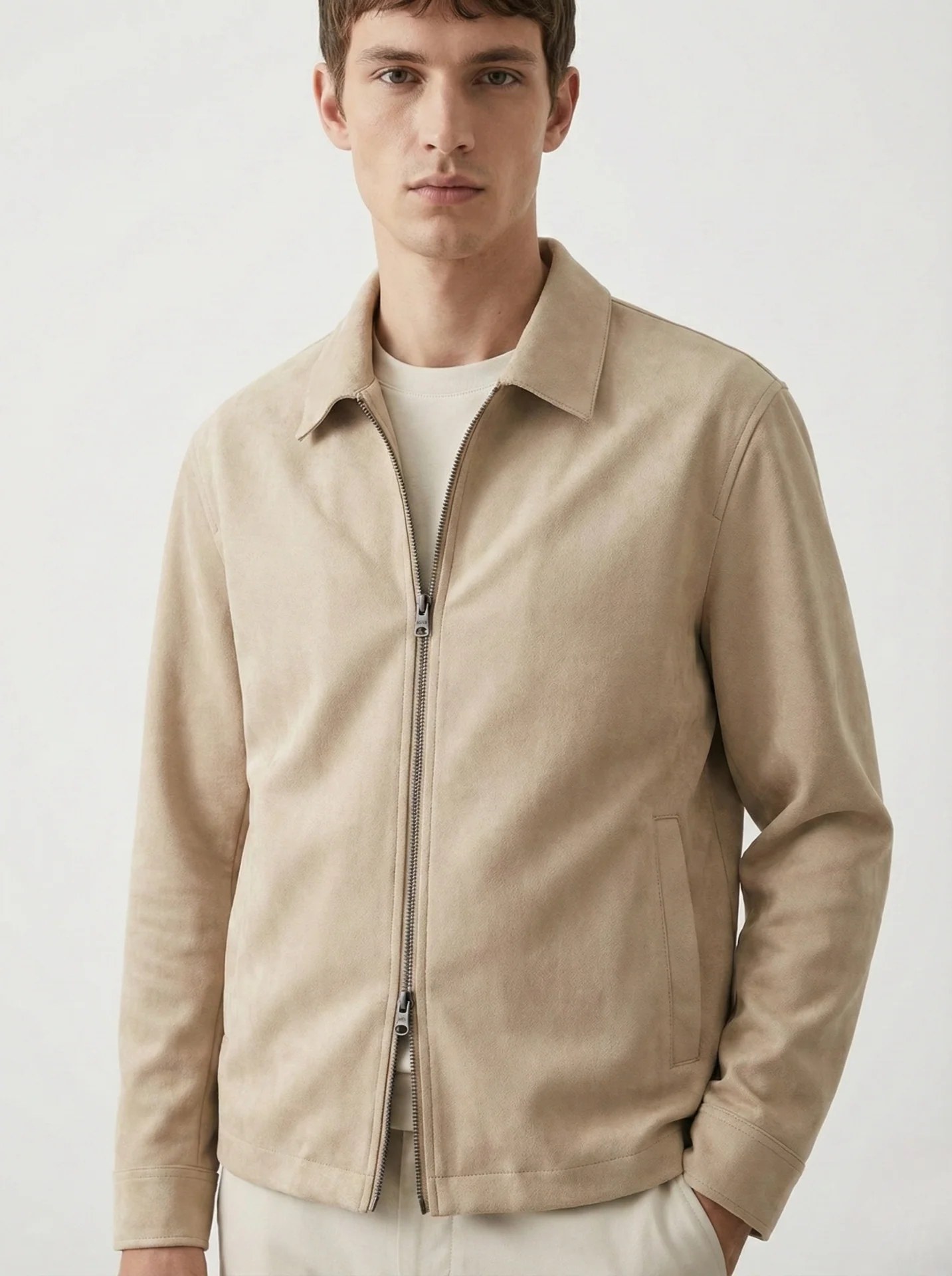 SAND BEIGE SUEDE-TOUCH ZIP OVERSHIRT W26
