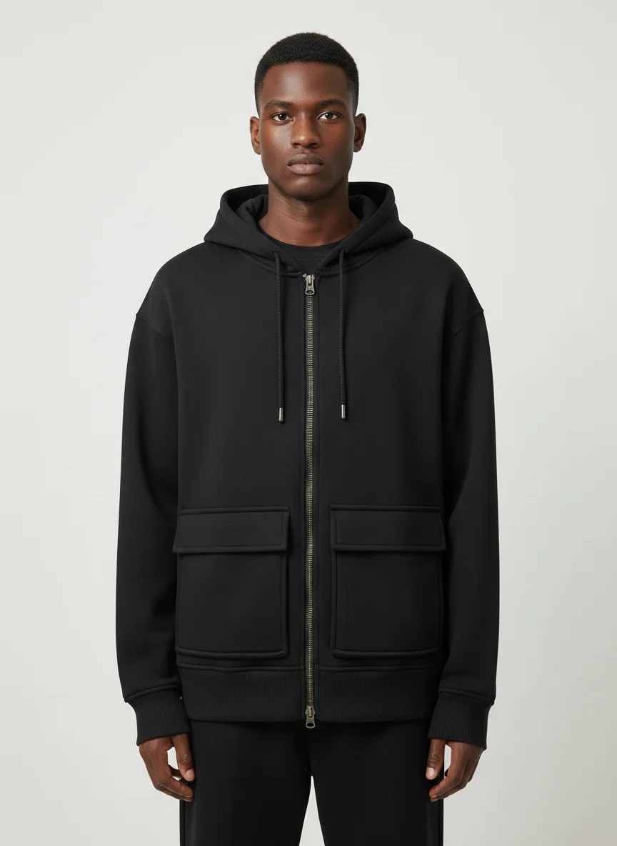 BLACK DOUBLE-ZIP CARGO OVERSIZED HOODIE W26