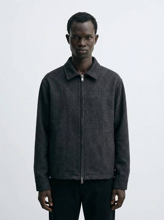 CHARCOAL HERRINGBONE WOOL-BLIND ZIP OVERSHIRT W26