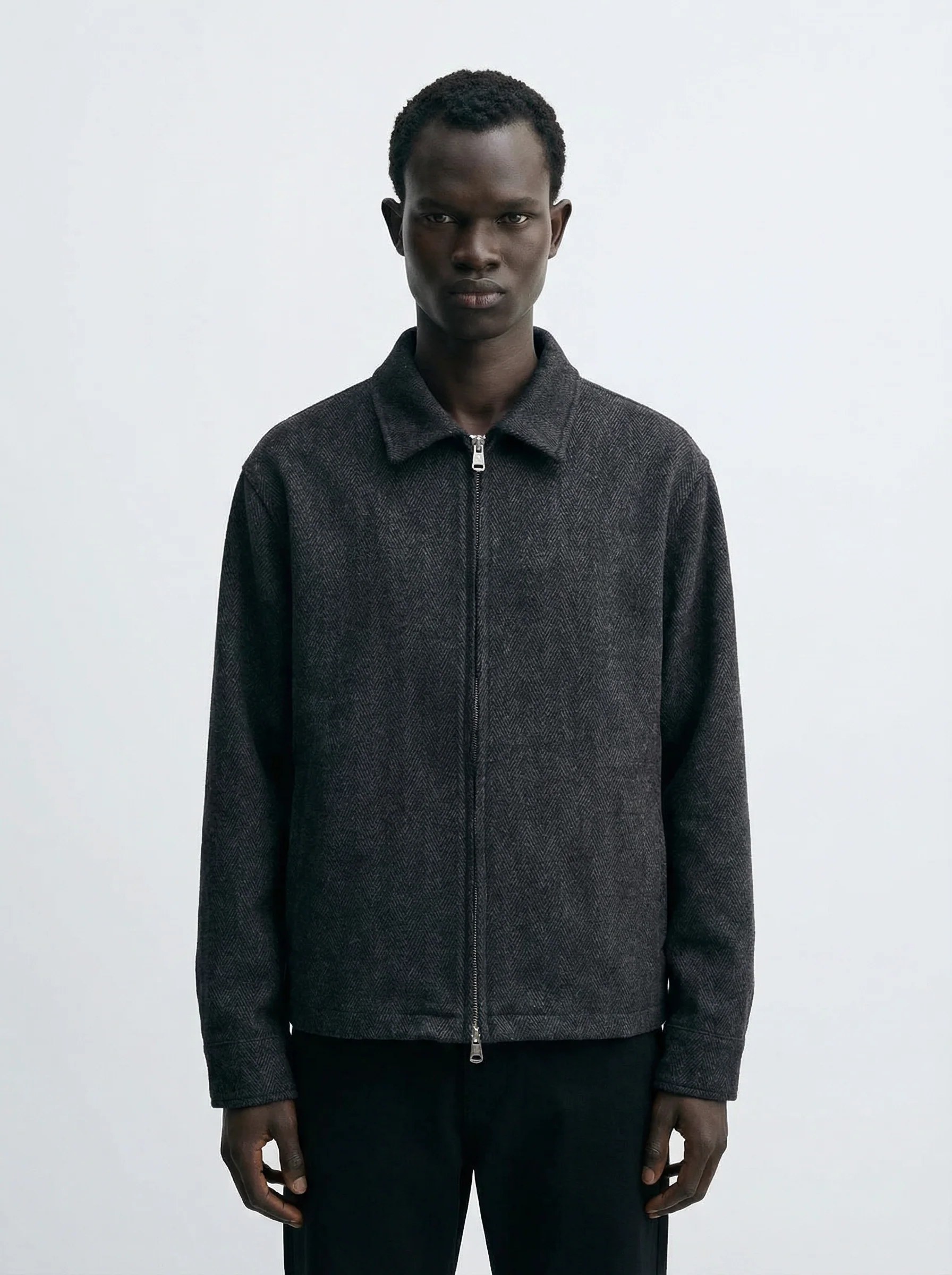 CHARCOAL HERRINGBONE WOOL-BLIND ZIP OVERSHIRT W26