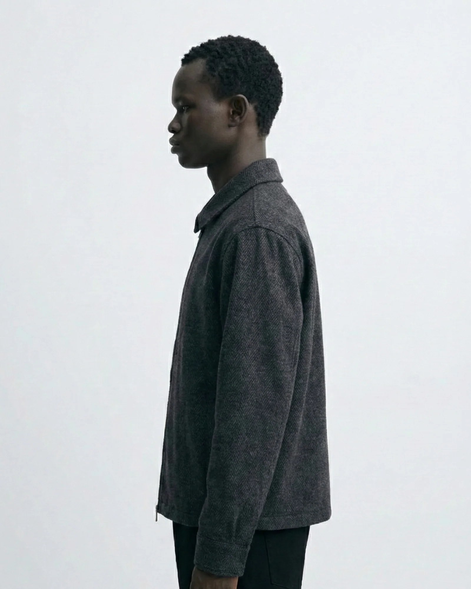 CHARCOAL HERRINGBONE WOOL-BLIND ZIP OVERSHIRT W26