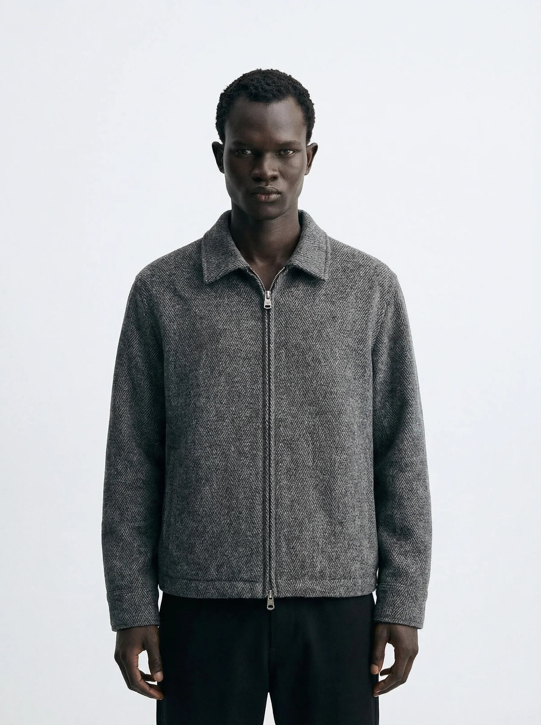 GREY HERRINGBONE WOOL-BLIND ZIP OVERSHIRT W26
