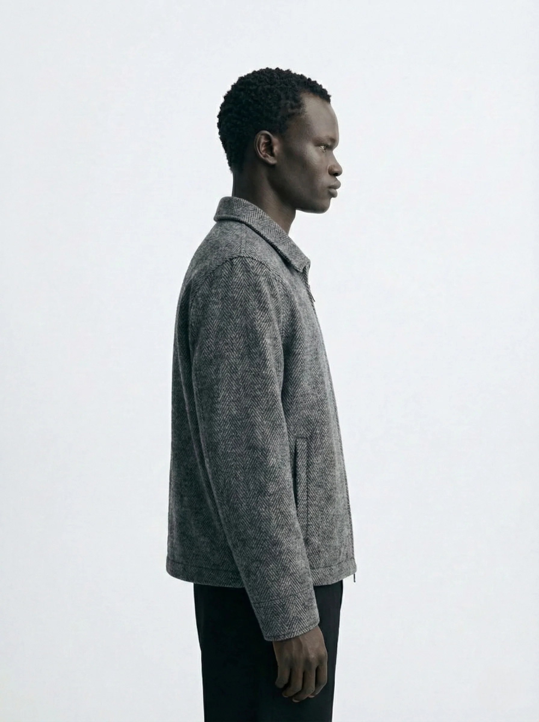 GREY HERRINGBONE WOOL-BLIND ZIP OVERSHIRT W26