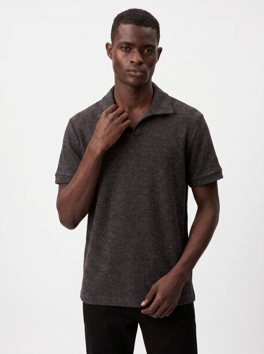SMOKED CHARCOAL MELANGE TEXTURED KNIT POLO SHIRT  S27