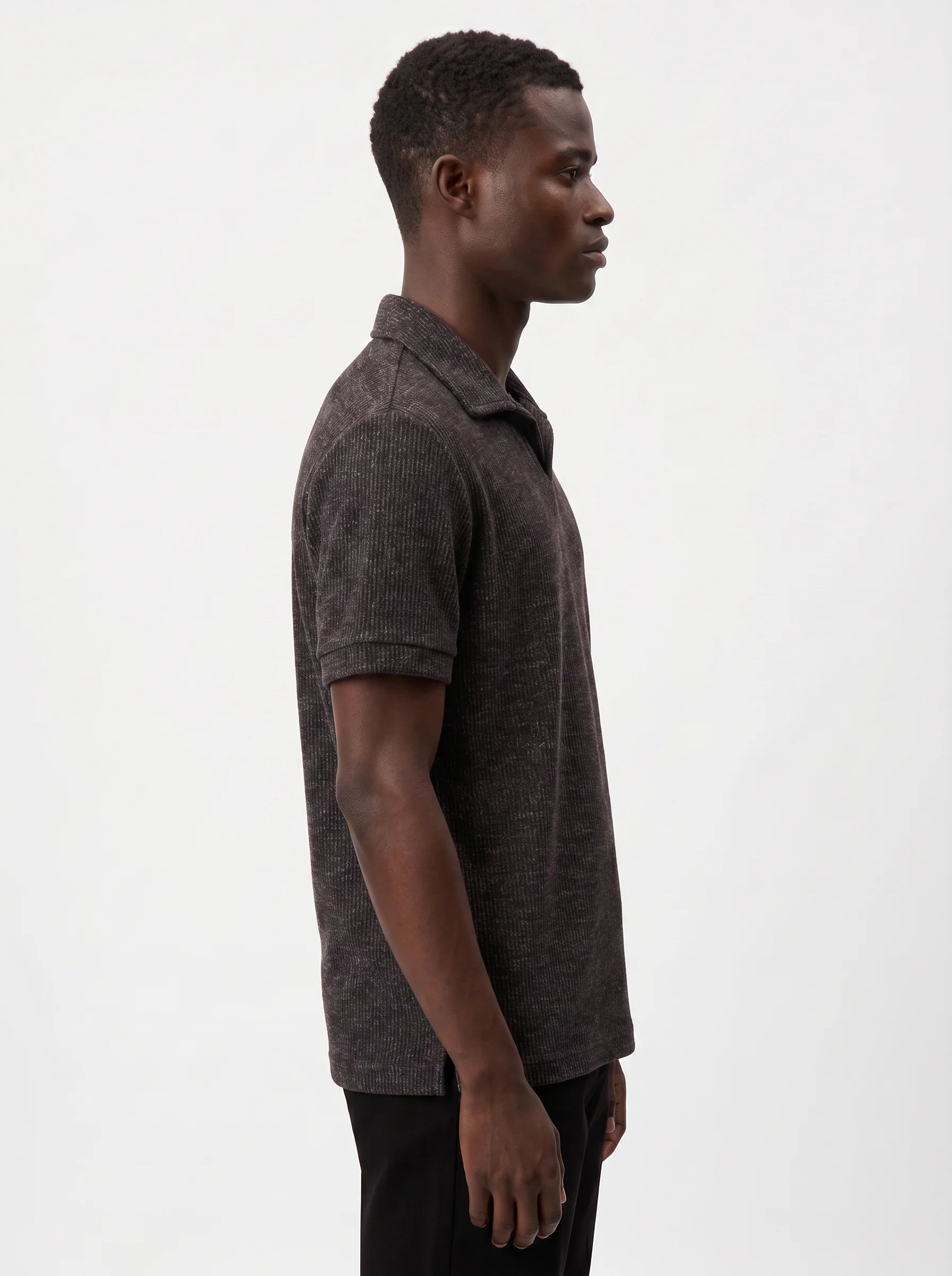 SMOKED CHARCOAL MELANGE TEXTURED KNIT POLO SHIRT  S27