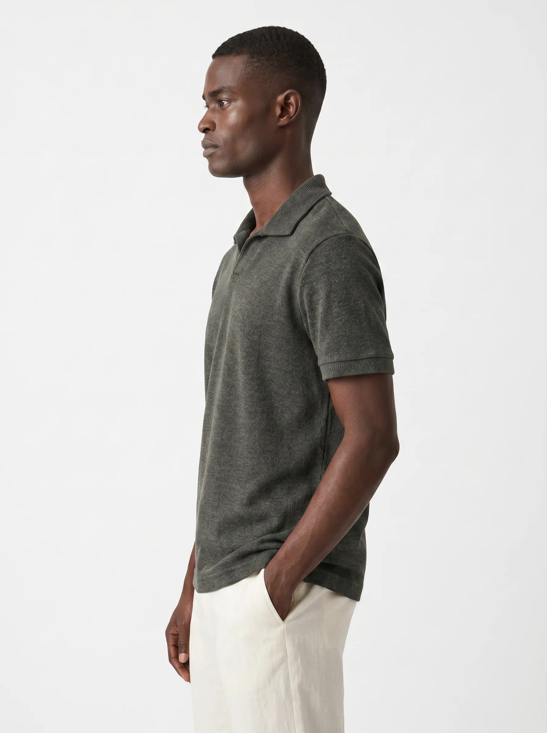 DARK OLIVE MELANGE TEXTURED KNIT POLO SHIRT S27