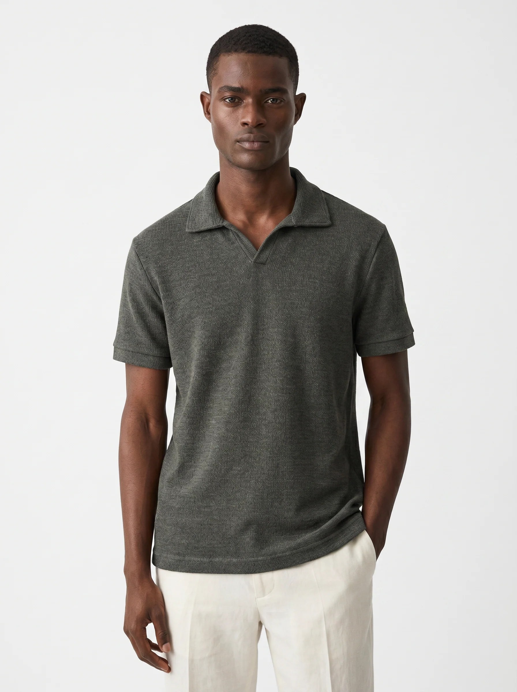 DARK OLIVE MELANGE TEXTURED KNIT POLO SHIRT S27