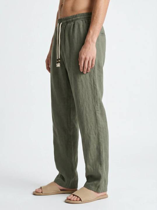 OLIVE LINEN DRAWSTRING SRAIGHT-LEG PANTS S27