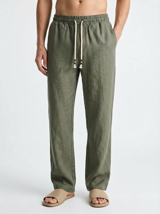 OLIVE LINEN DRAWSTRING SRAIGHT-LEG PANTS S27
