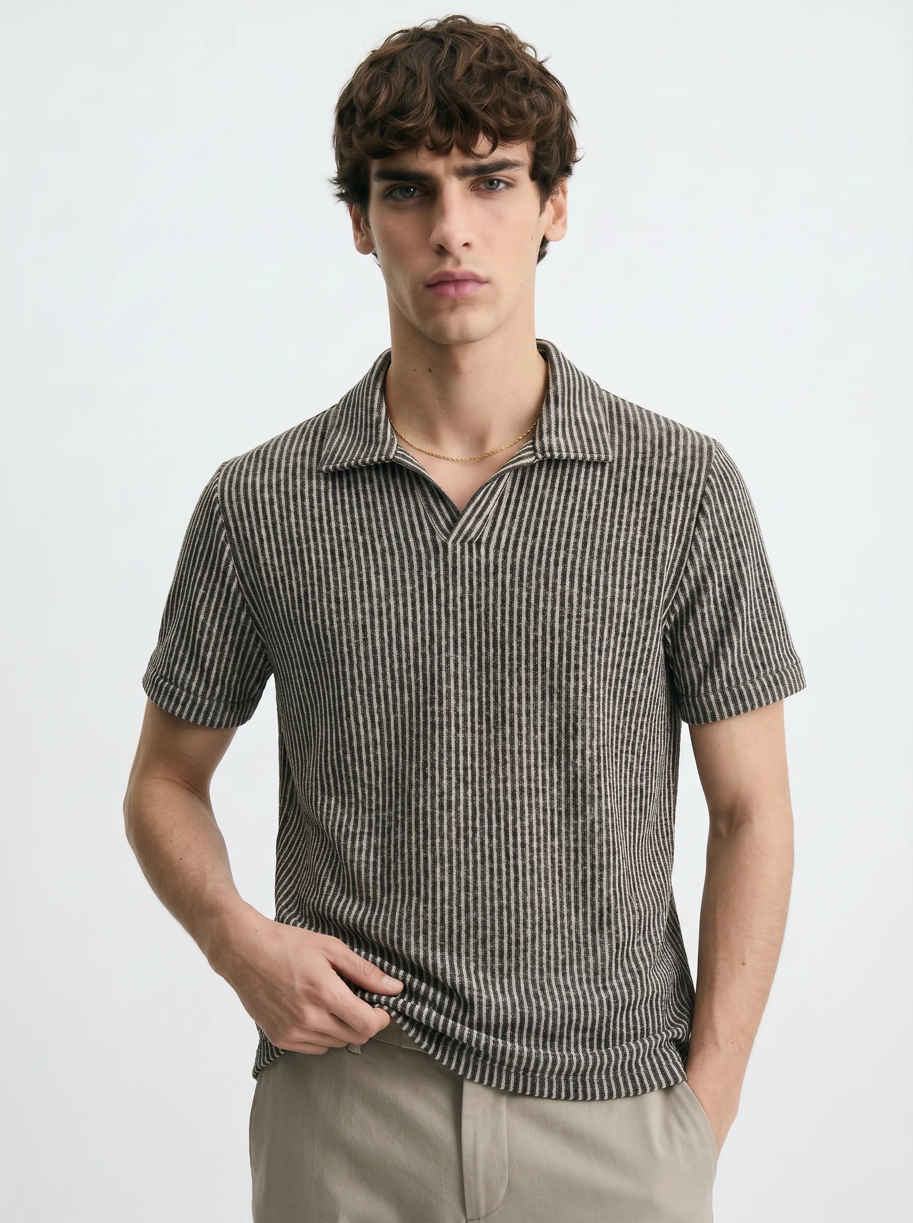 BLACK STRIPE TEXTURED KNIT POLO SHIRT S27
