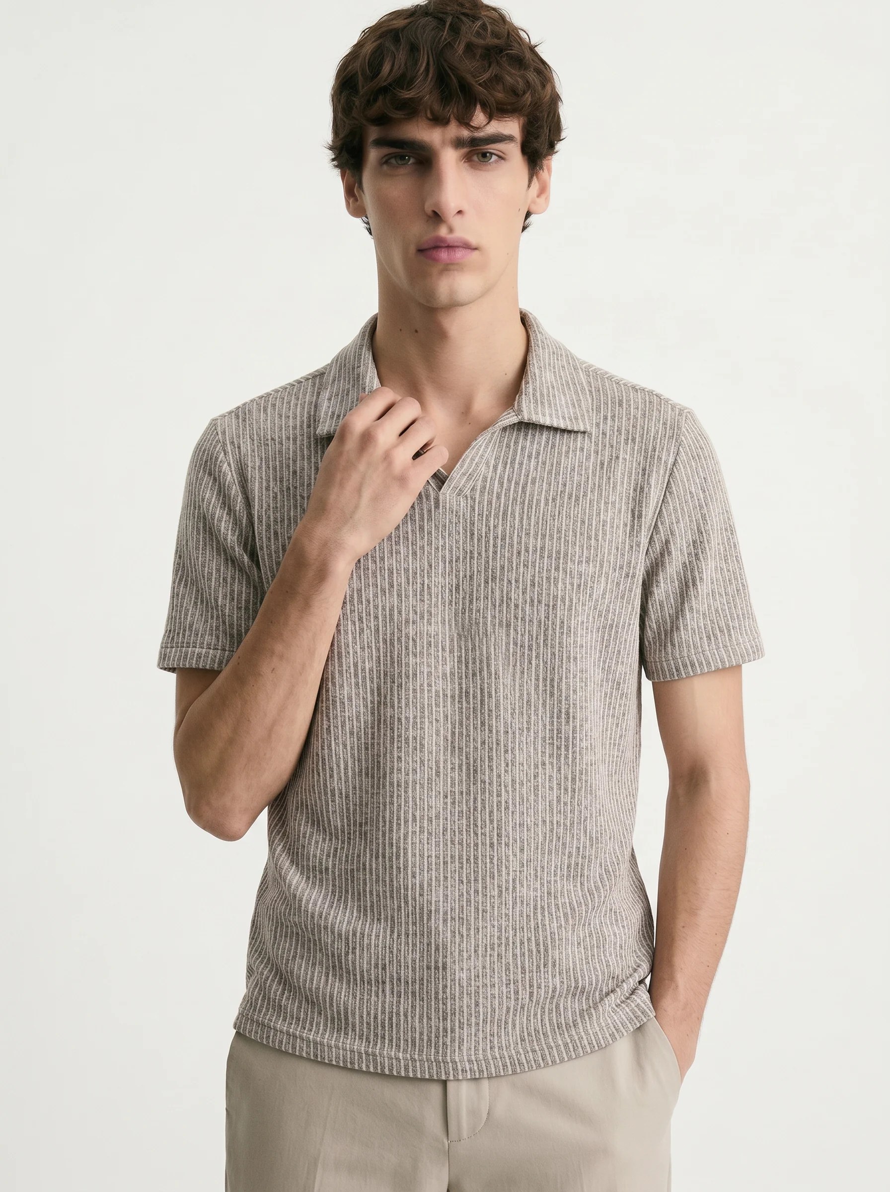 TAUPE STRIPE TEXTURED KNIT POLO SHIRT – S27