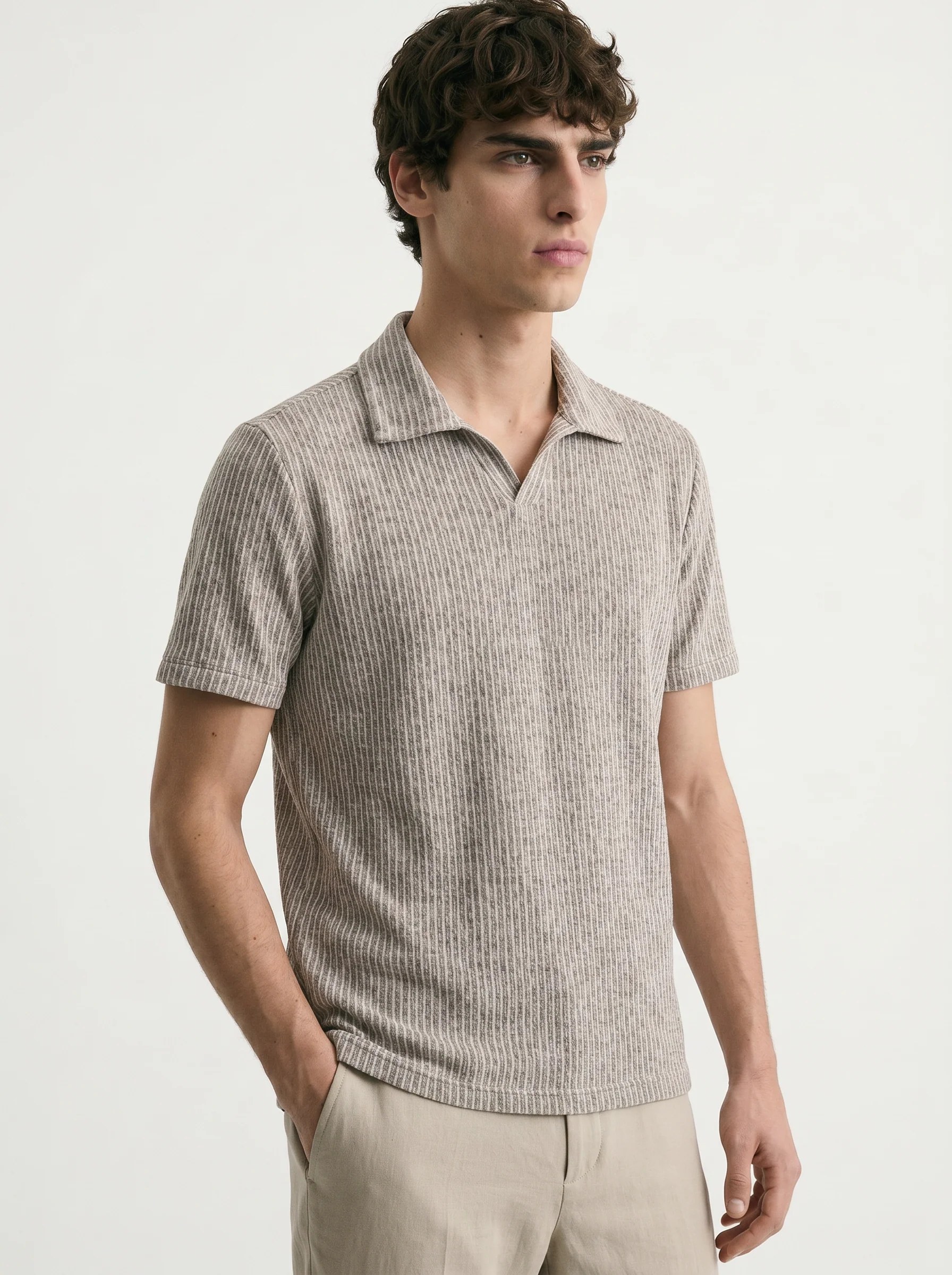 TAUPE STRIPE TEXTURED KNIT POLO SHIRT – S27
