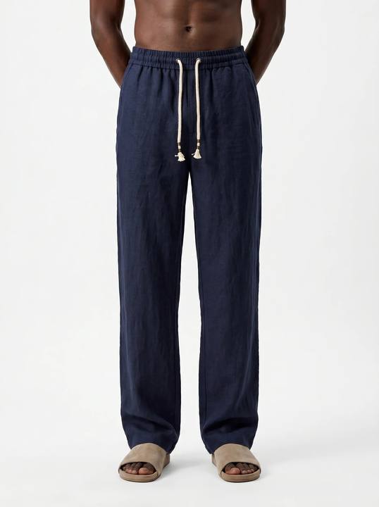 NAVY LINEN DRAWSTRING SRAIGHT-LEG PANTS S27N