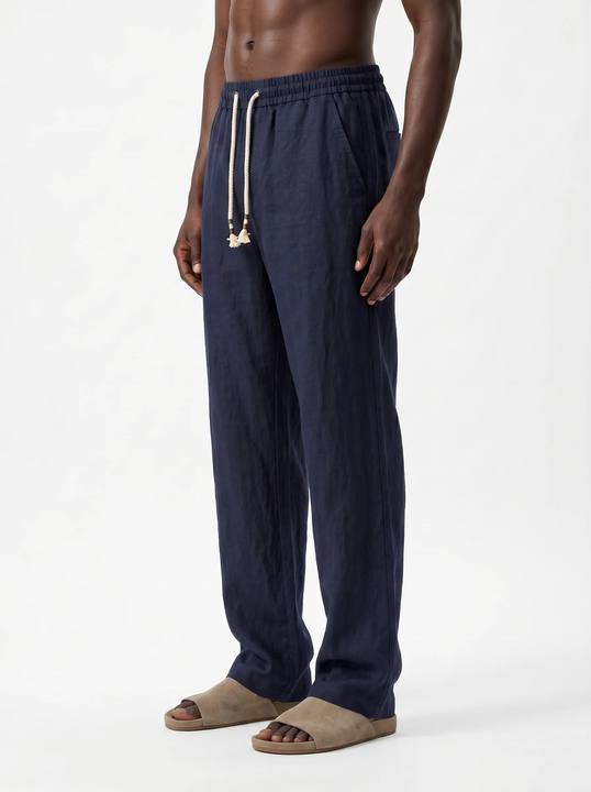 NAVY LINEN DRAWSTRING SRAIGHT-LEG PANTS S27N