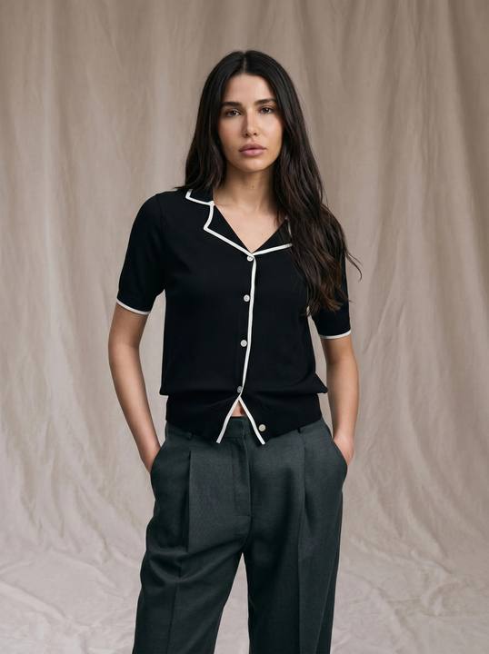 MIDNIGHT IVORY TIPPED KNIT POLO SHIRT S27