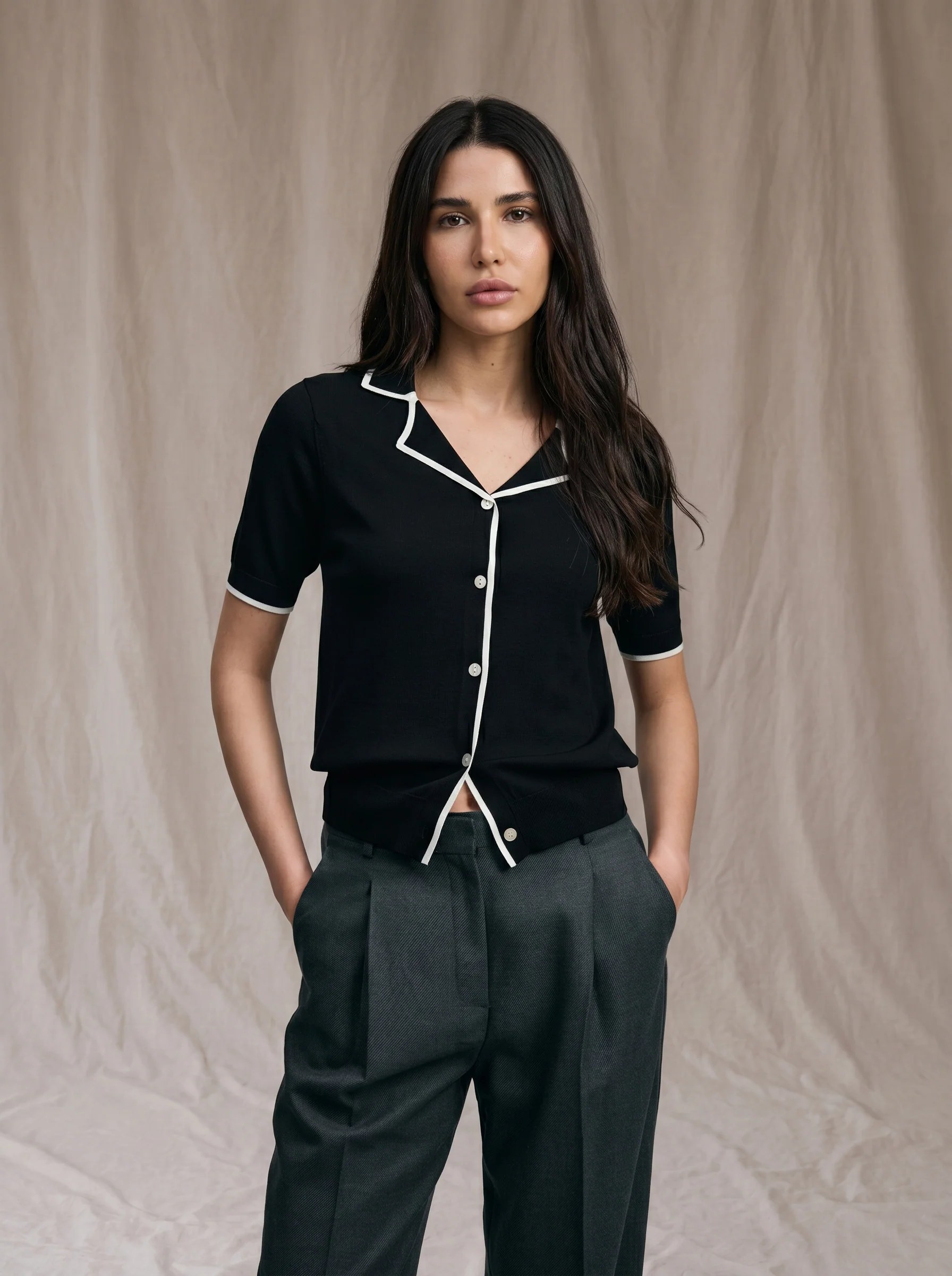 MIDNIGHT IVORY TIPPED KNIT POLO SHIRT S27