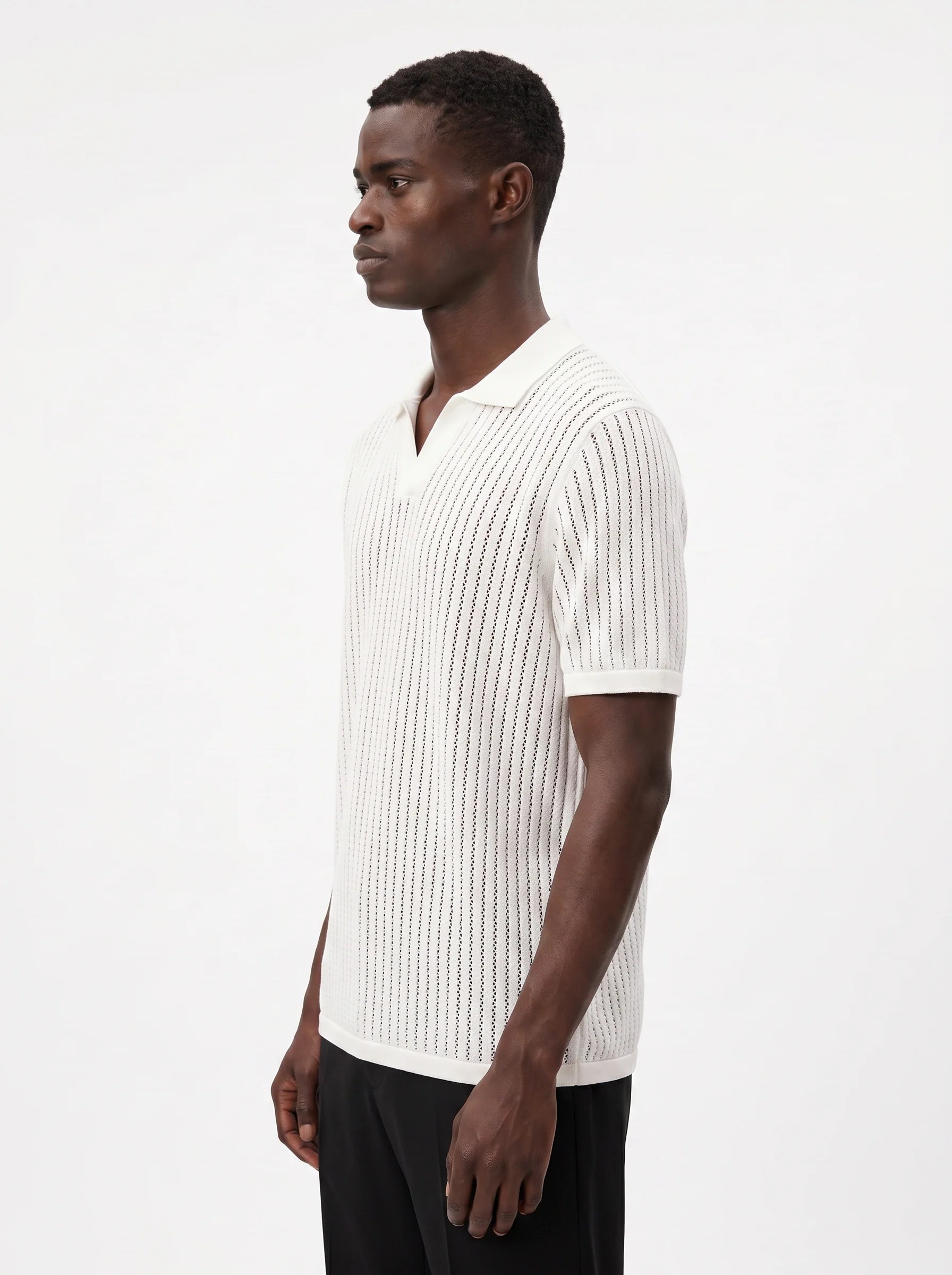 WHITE CROCHET-STYLE KNIT POLO S27