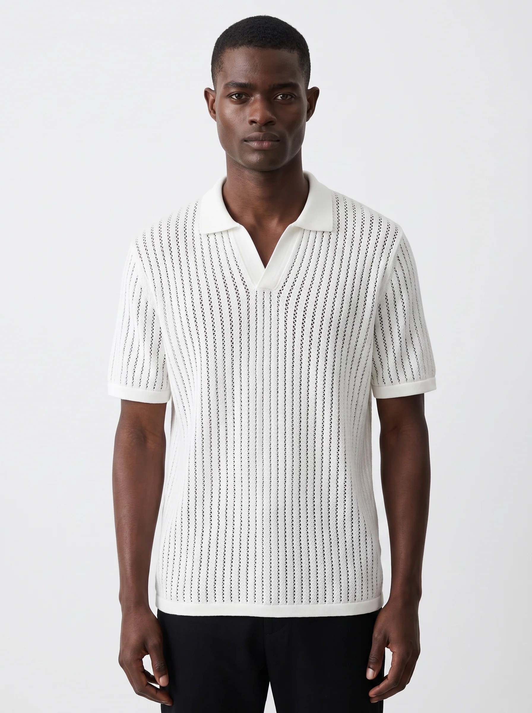 WHITE CROCHET-STYLE KNIT POLO S27