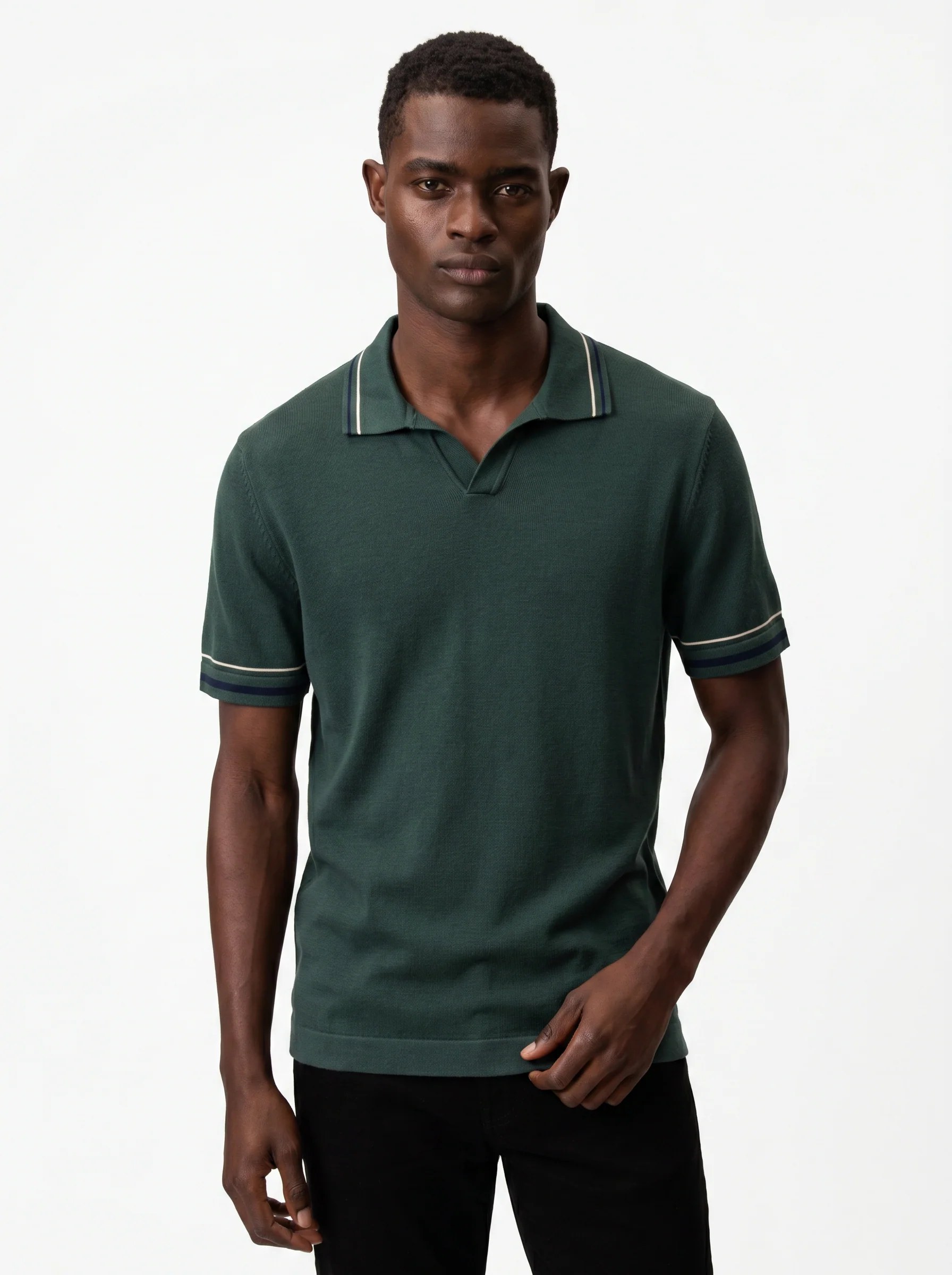 FOREST GREEN0 DOUBLE STRIPE COLLAR KNIT POLO S27
