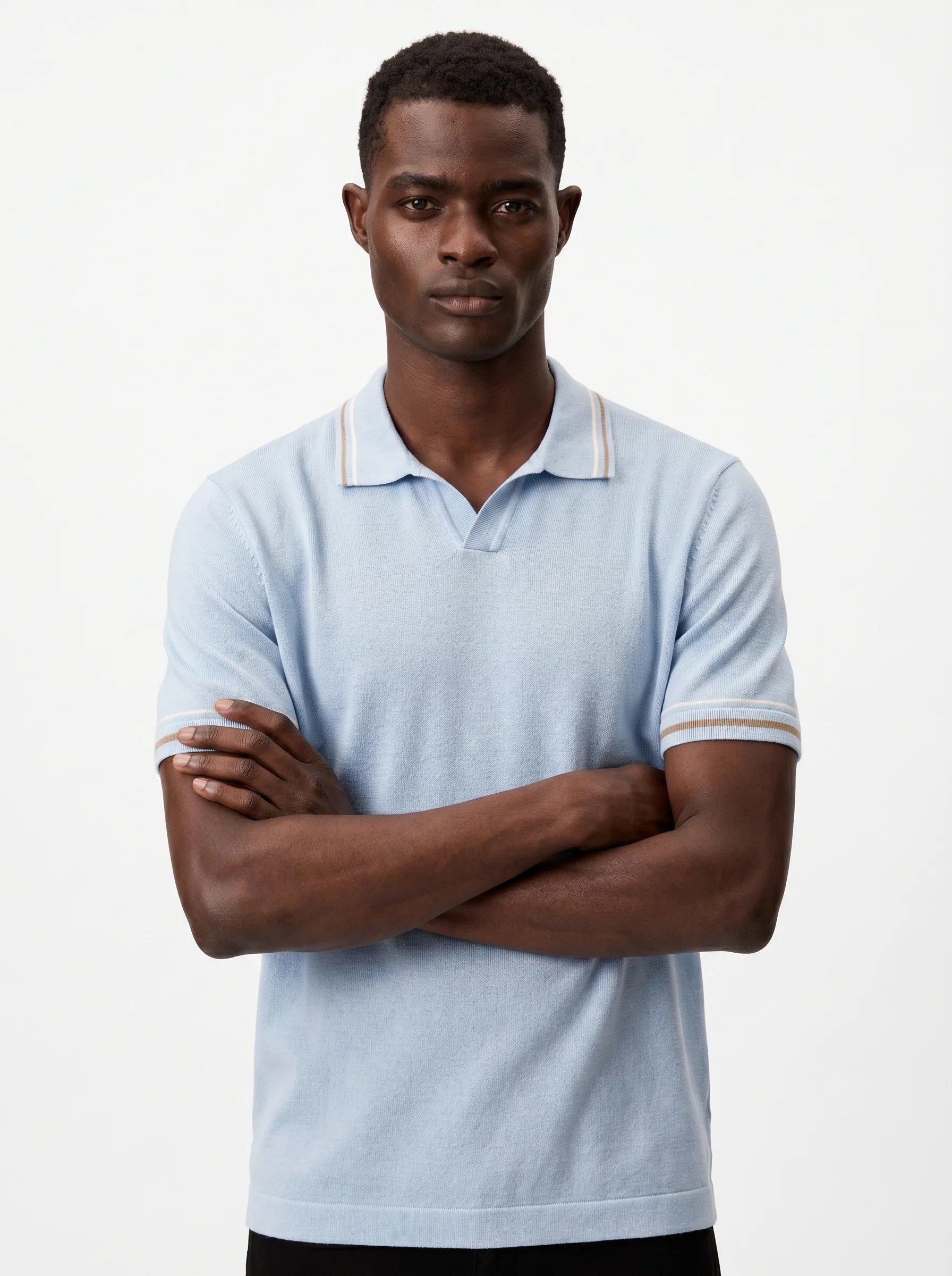 LIGHT SKY BLUE DOUBLE STRIPE COLLAR KNIT POLO SHIRT S27
