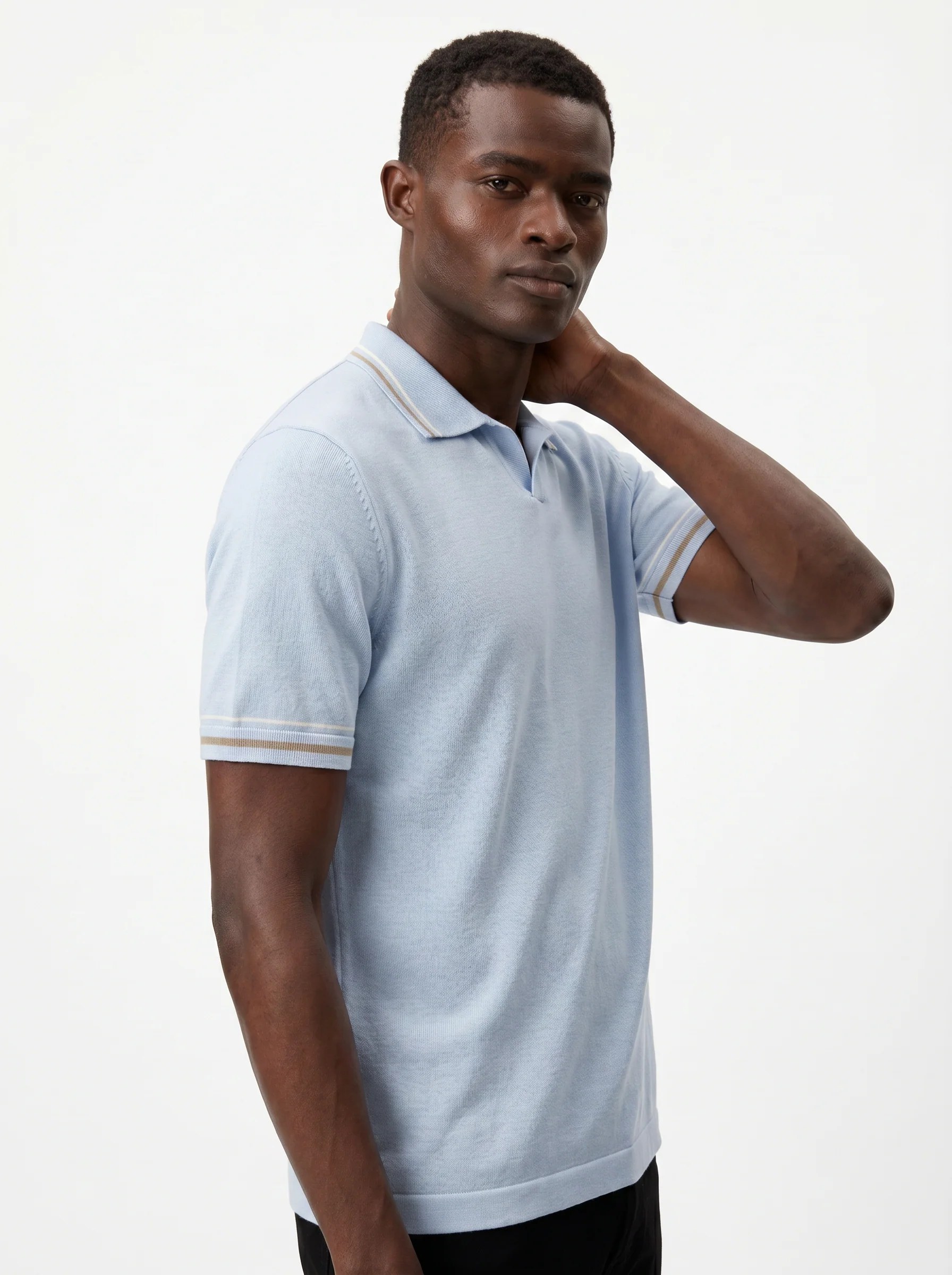 LIGHT SKY BLUE DOUBLE STRIPE COLLAR KNIT POLO SHIRT S27