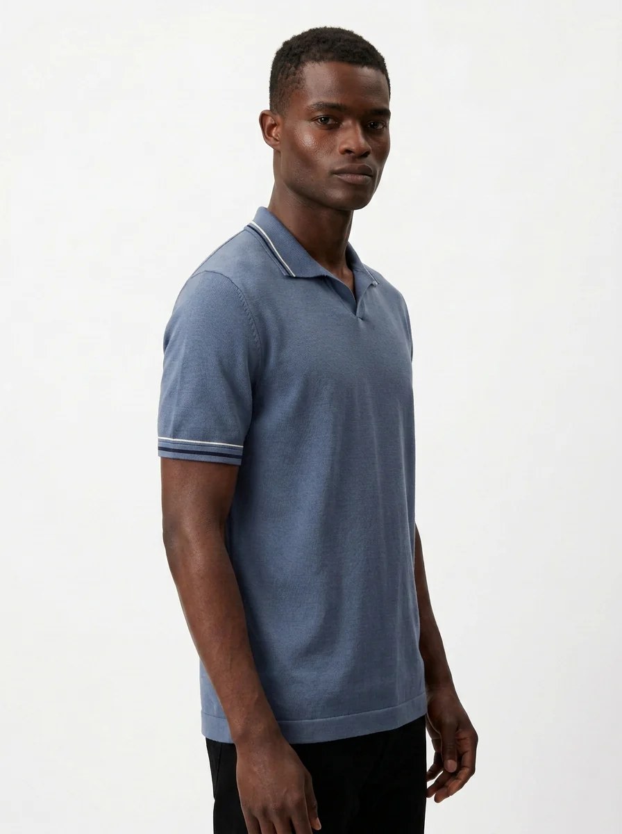 FADED STEEL BLUE DOUBLE STRIPE COLLAR KNIT POLO S27