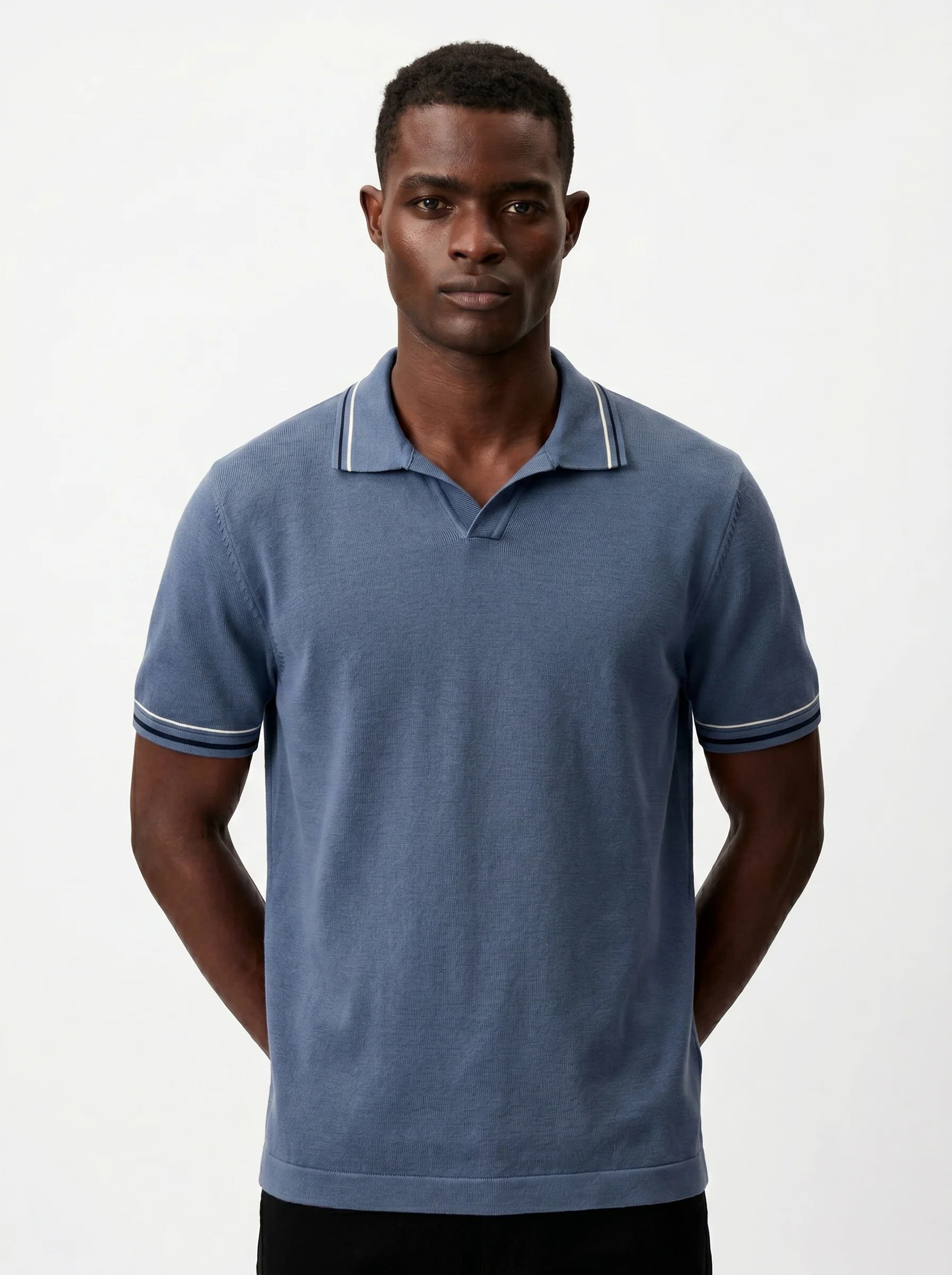 FADED STEEL BLUE DOUBLE STRIPE COLLAR KNIT POLO S27