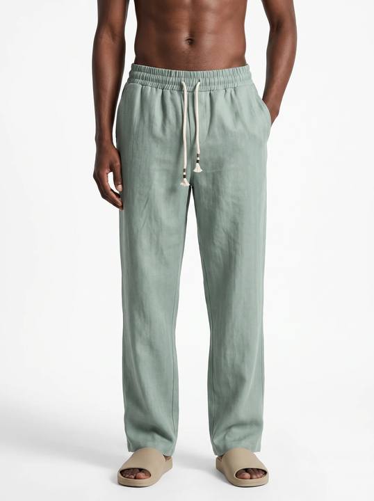 MINT GREEN STRAIGHT-LEG TEXTURED 100% PURE LINEN PANTS S27N