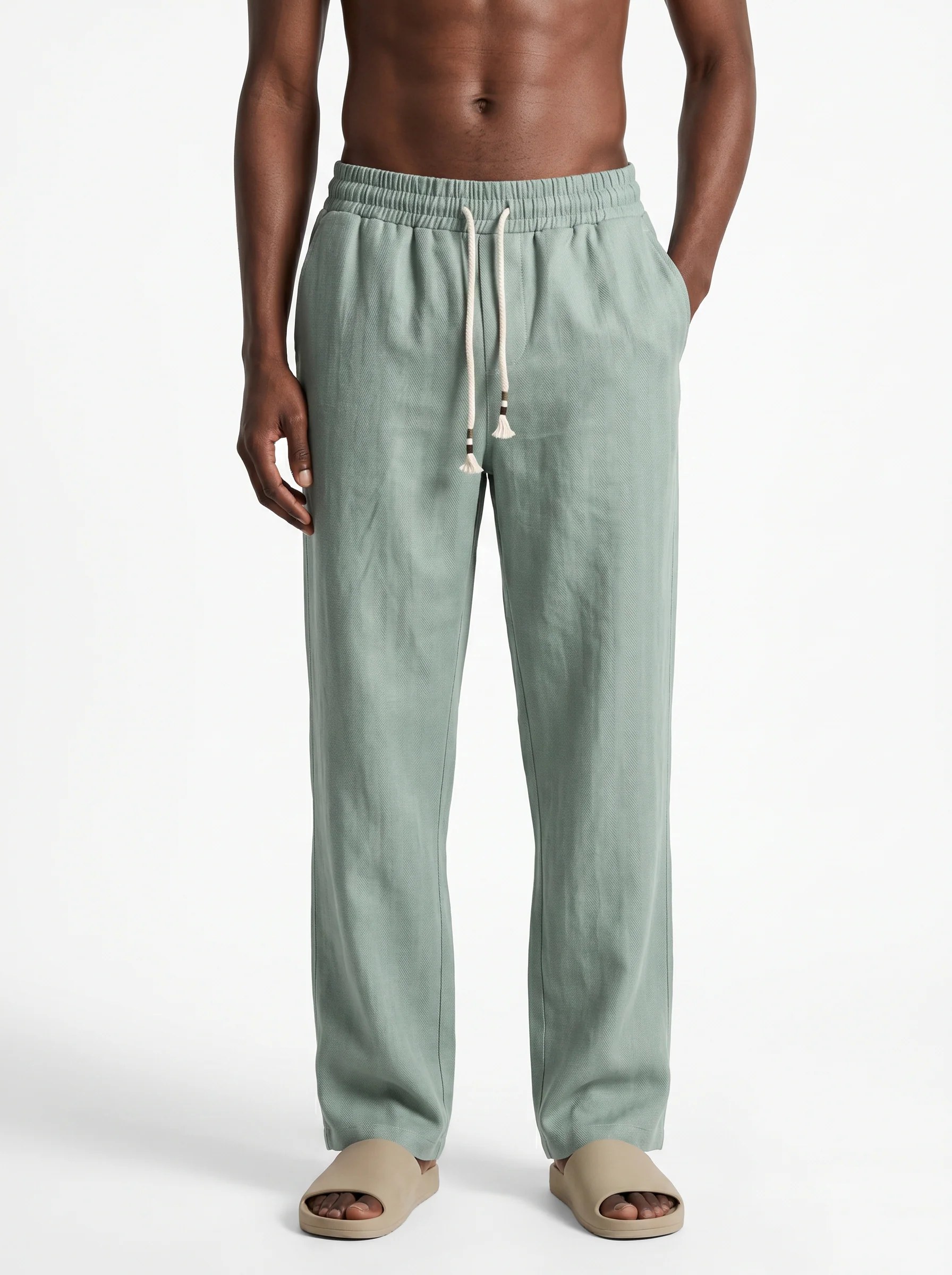 MINT GREEN STRAIGHT-LEG TEXTURED 100% PURE LINEN PANTS S27N