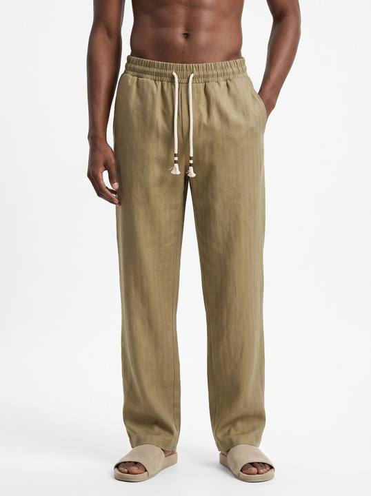 COFFEE STRAIGHT-LEG TEXTURED 100% PURE LINEN PANTS S27N
