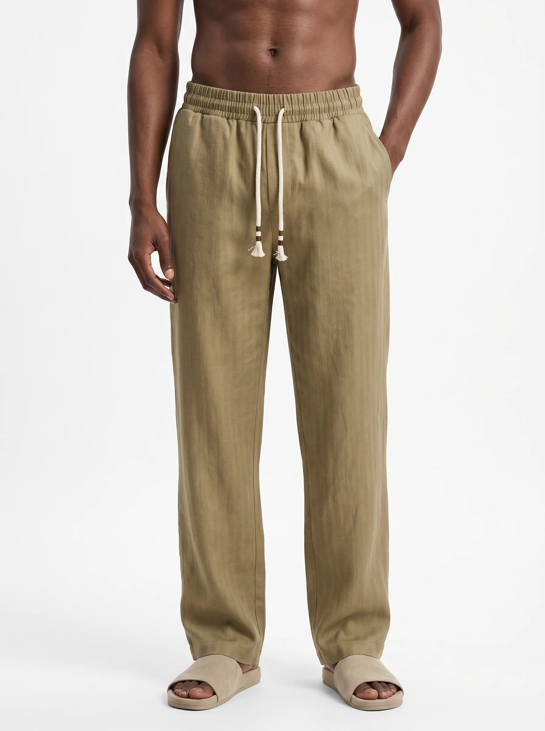 COFFEE STRAIGHT-LEG TEXTURED 100% PURE LINEN PANTS S27N