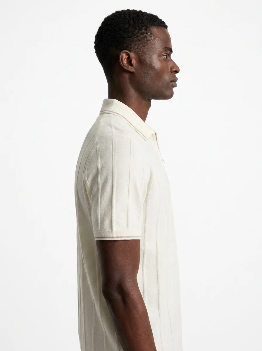 IVORY VERTICAL RIBBED ZIP POLO SHIRT S27