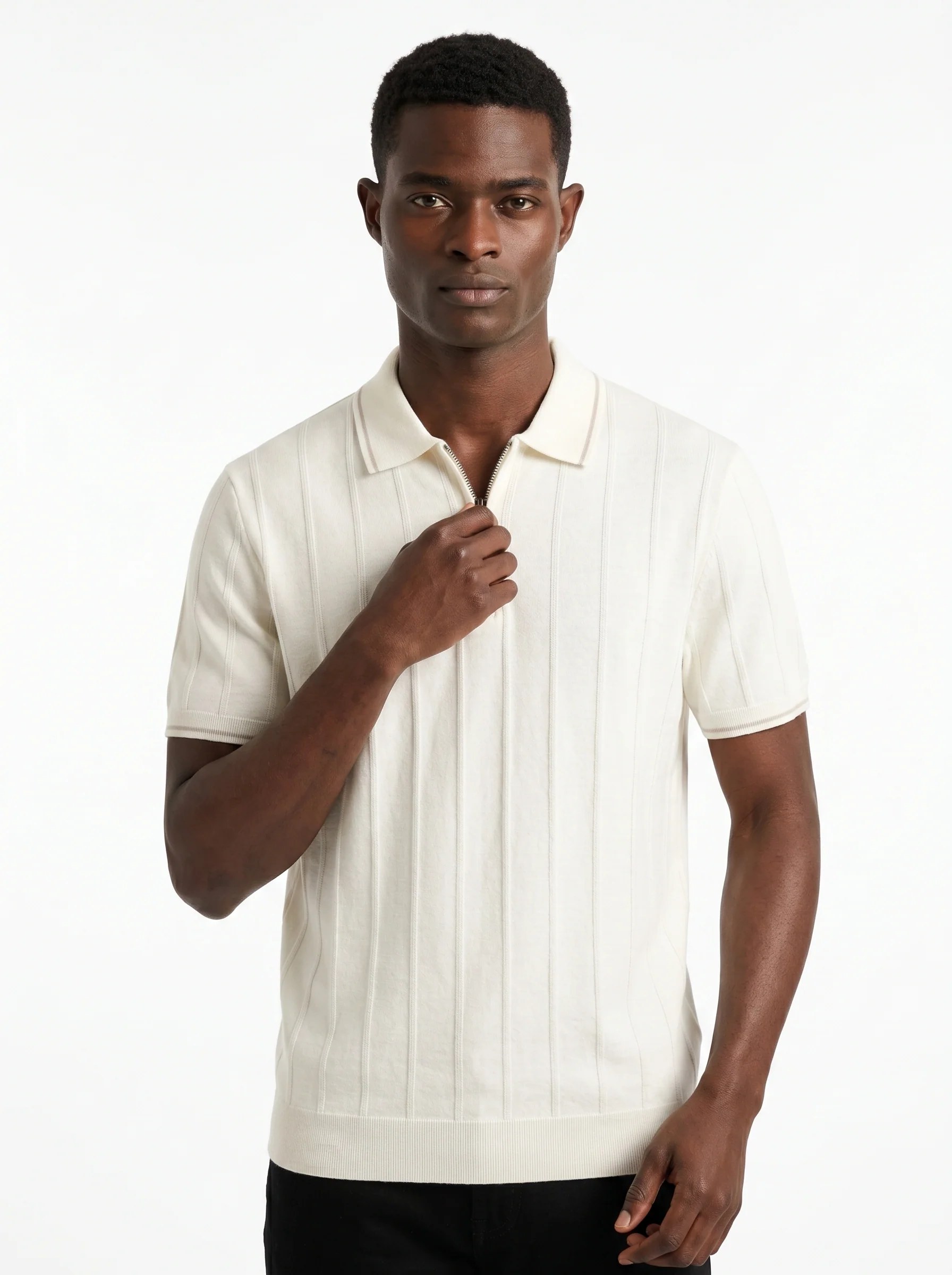 IVORY VERTICAL RIBBED ZIP POLO SHIRT S27
