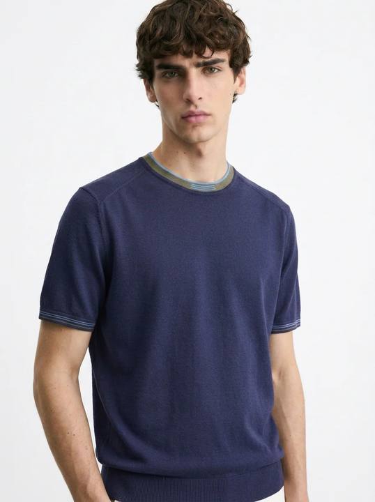 DEEP NAVY CONTRAST NECK KNIT T-SHIRT S27