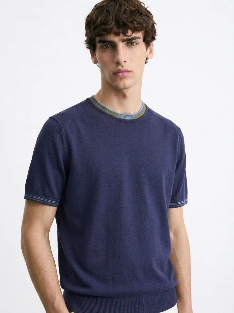 DEEP NAVY CONTRAST NECK KNIT T-SHIRT S27